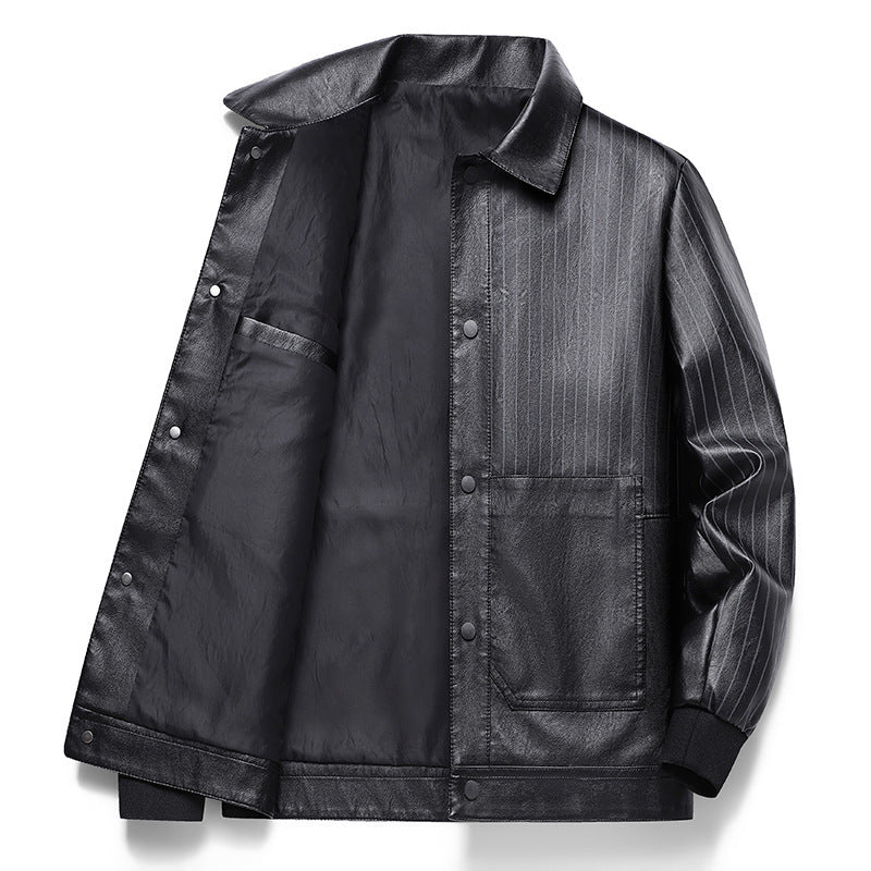Men's Pinstripe Faux Leather Trucker Jacket with Snap Front and Ribbed Cuffs Chichicherry