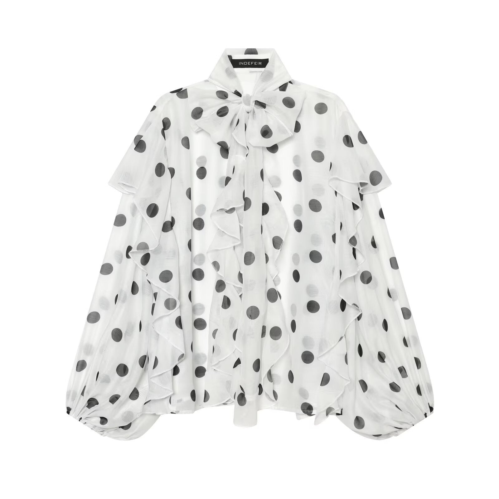 Women Transparent Polka Dot Chiffon Blouse with XXL Ruffles and Bow Collar Chichicherry