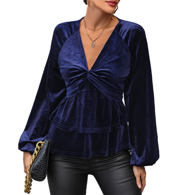 Ladies velvet blouse with deep V-neck, twist detail and two-tiered ruffle drape