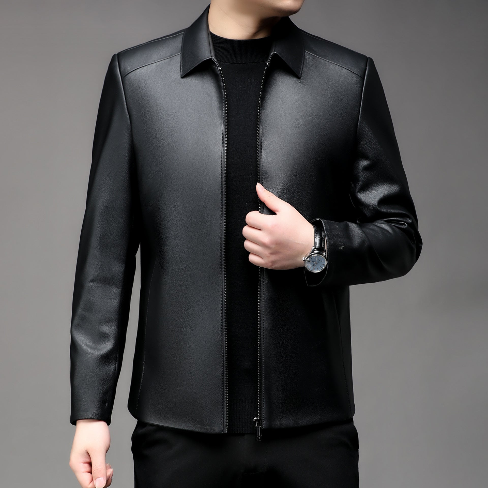 Men Smooth Faux Leather Zip Jacket with Shirt Collar and Slim Silhouette Chichicherry