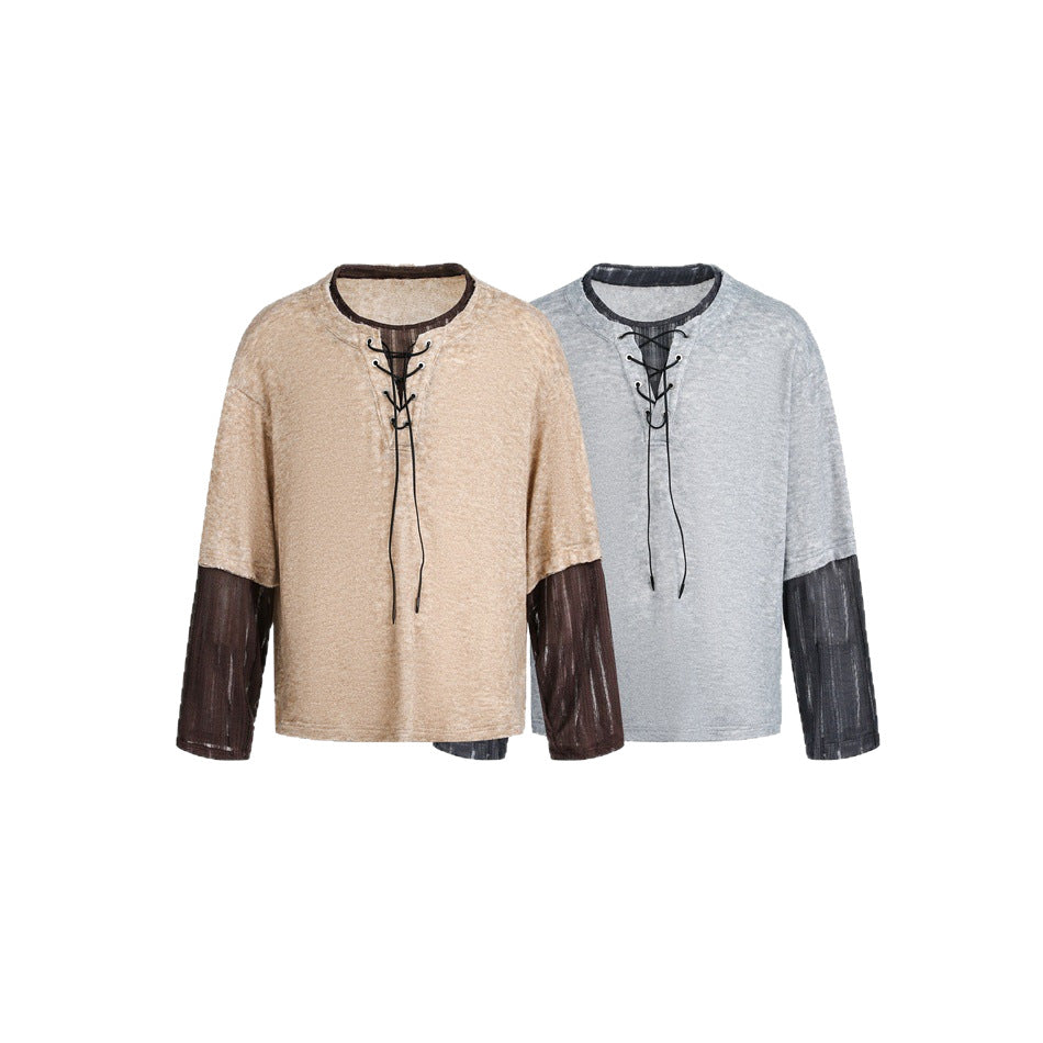 Women's Velvety Long Sleeve with Lacing Detail and Sheer Sleeve Inserts Chichicherry