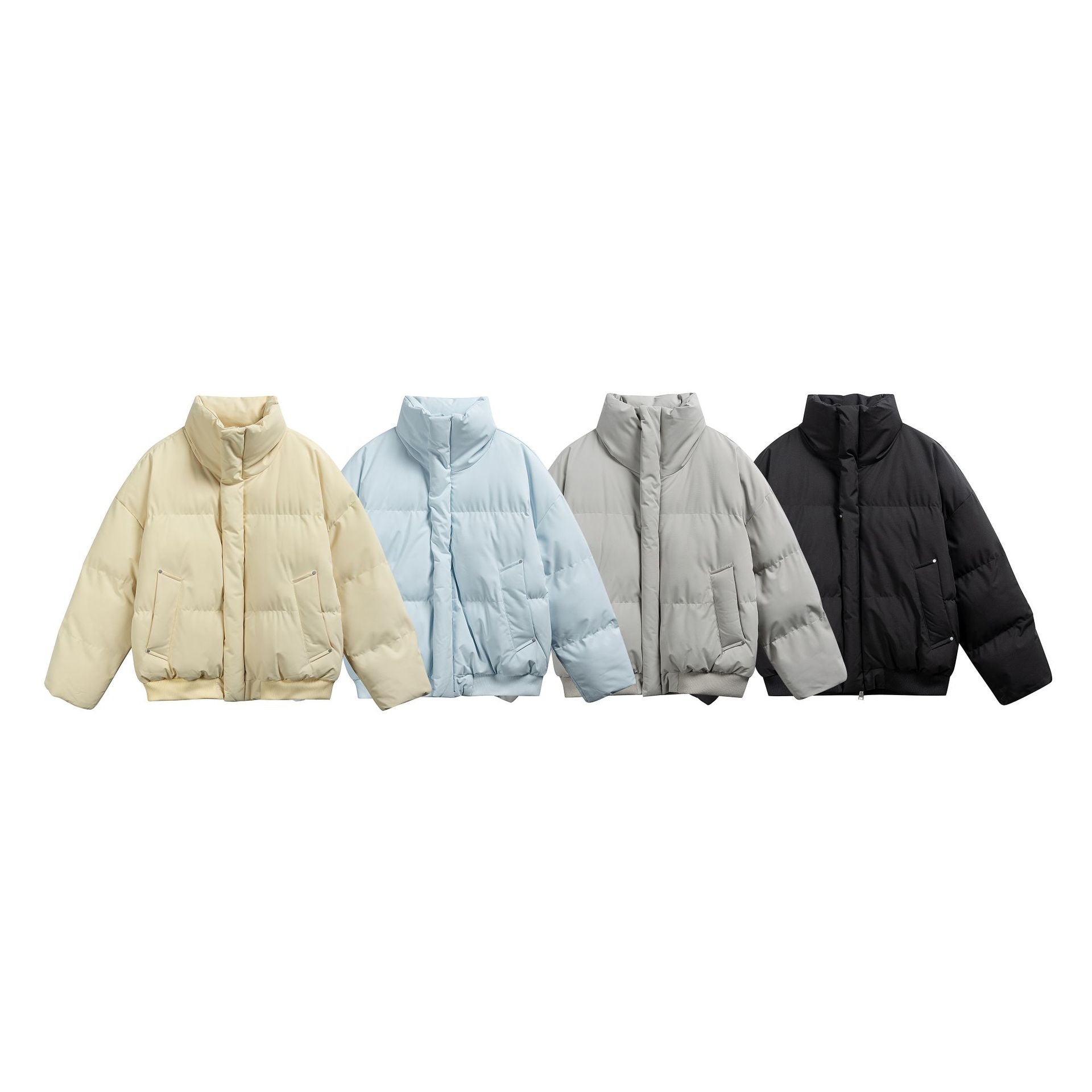 Women's short padded quilted jacket in boxy cut with high stand-up collar and ribbed hem Chichicherry