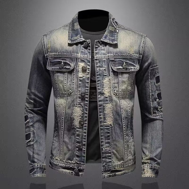 Herren Vintage-Jeansjacke mit Used-Effekten, Destroyed-Details und aufgesetzten Brusttaschen Chichicherry