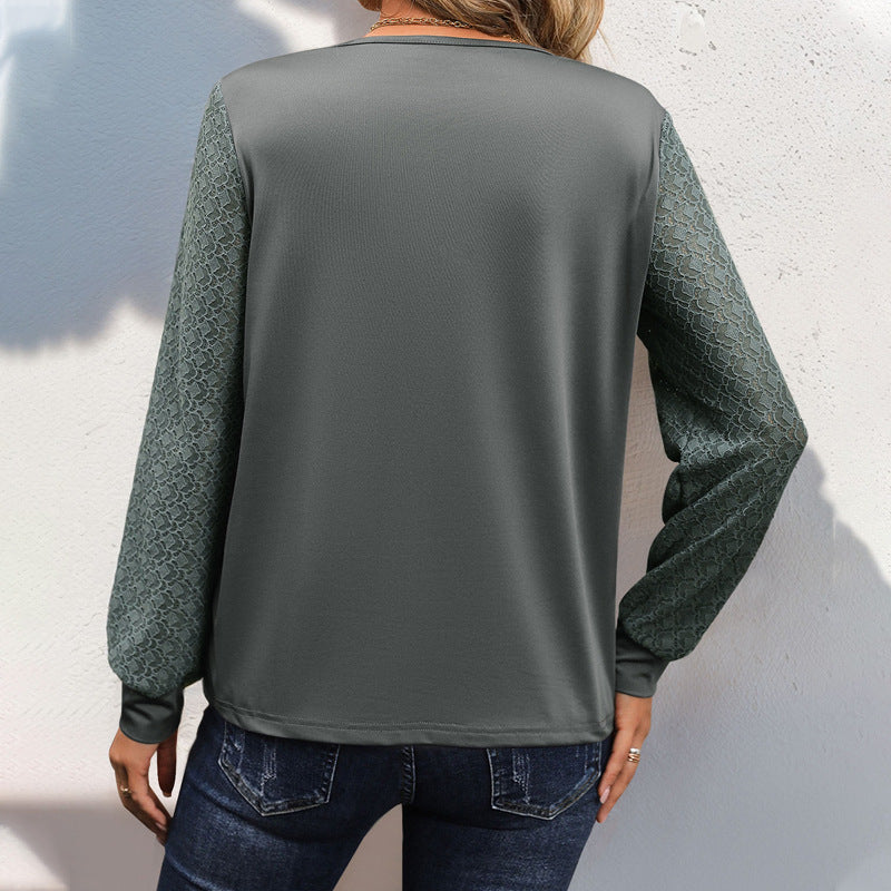 Women V-neck long sleeve with satin-like jersey and semi-transparent lace sleeves Chichicherry