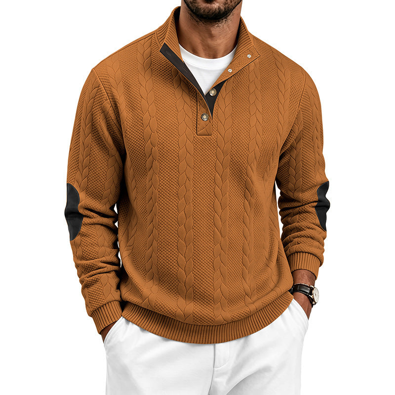 Men's Noble Cable Knit Sweater with Short Button Placket and Elbow Patches Chichicherry