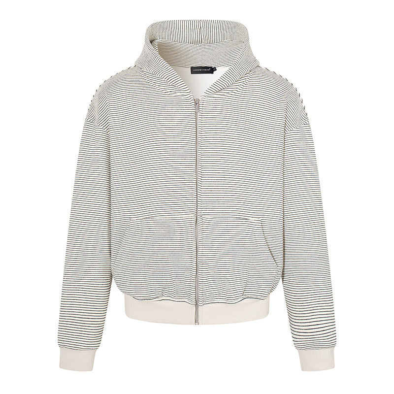 Ladies fine stripe zip jacket with high stand-up collar, kangaroo pockets and elastic hem Chichicherry