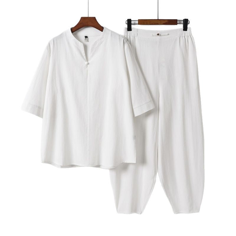 Men's Two-Piece Lightweight Linen-Cotton Set with Mandarin Collar and Elastic Waist Pants Chichicherry