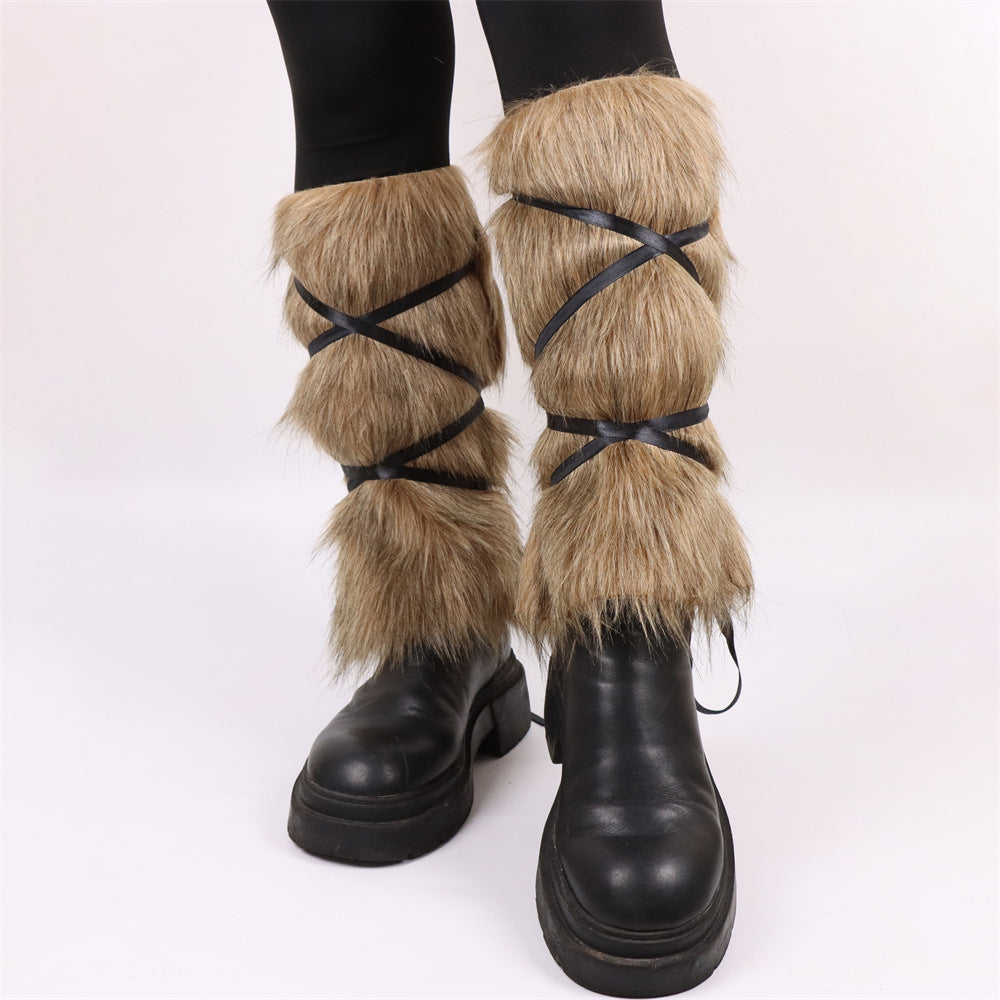 Ladies high-pile leg warmers with faux fur look and wrap straps Chichicherry