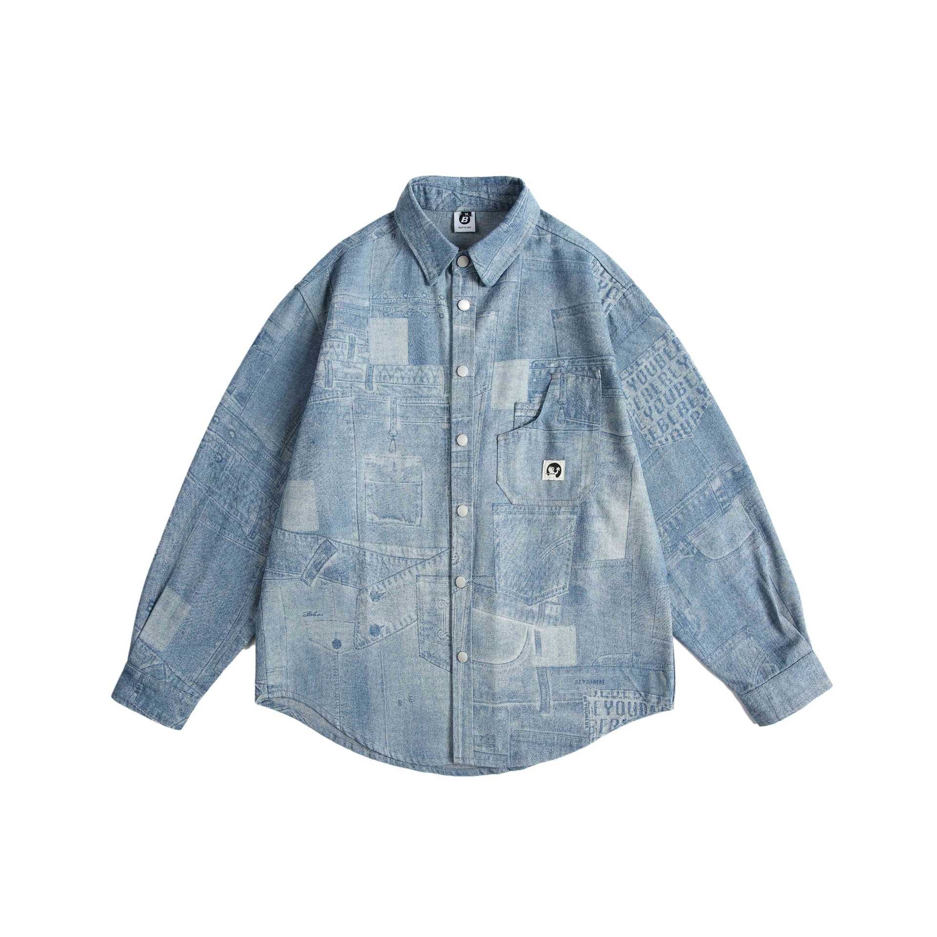 Unisex Oversized-Denim-Shirt Jacket with Patchwork Print and Snap Button Placket Chichicherry