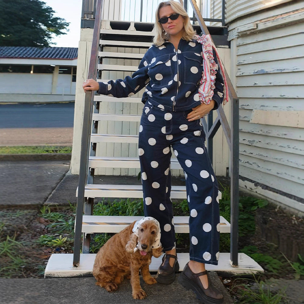Women's wide cargo pants with high waist, polka dot print and visible contrast stitching Chichicherry