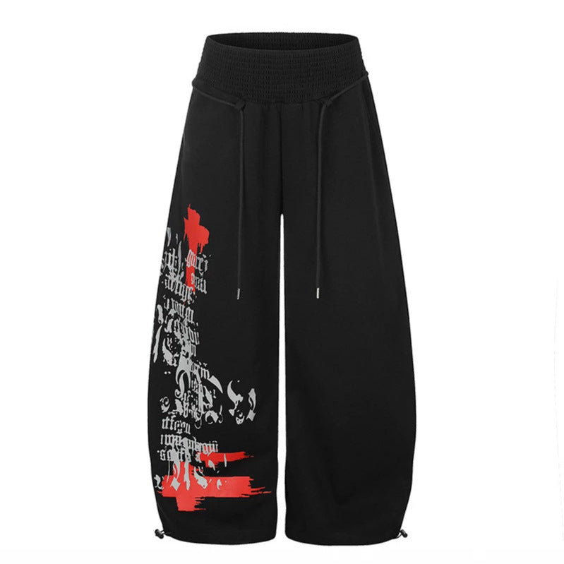 Women Extra Wide Balloon Palazzo Sweatpants with Ribbed Comfort Waistband, Drawstring and Typographic Gothic Print Chichicherry