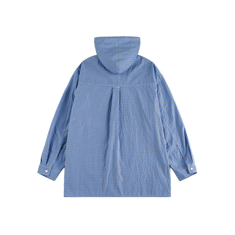 Unisex hooded overshirt in checked longline cut with flap pockets and snap button placket Chichicherry