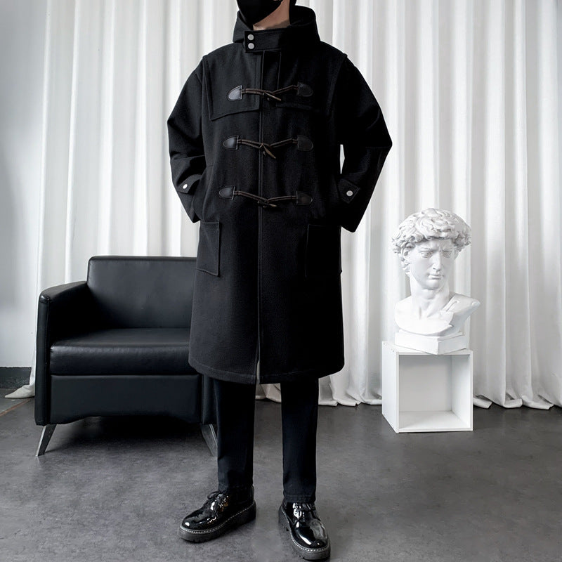 Men's Long Wool Blend Duffle Coat with Hood, Toggle Closures and Patch Pockets Chichicherry