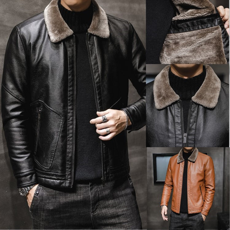 Men's Leather-Look Pilot Jacket with Teddy Collar and Concealed Zip Chichicherry