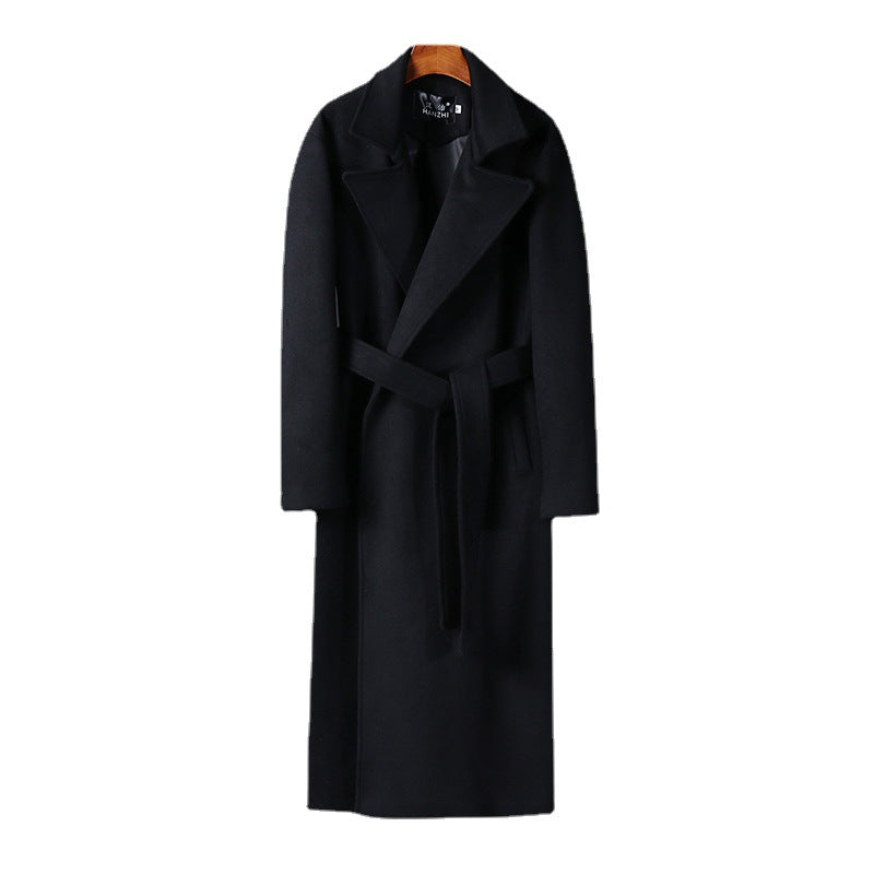 Men's Maxi-Length Wool Blend Coat with Shawl Collar and Tie Belt Chichicherry