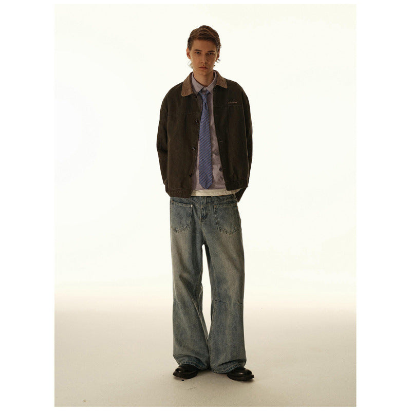 Men's Boxy Canvas Jacket with Cord Collar and Concealed Button Placket Chichicherry