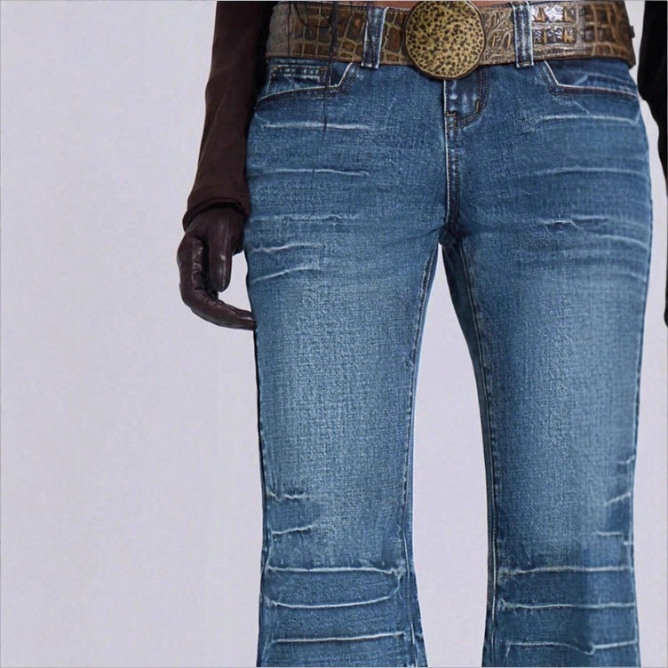 Women's High-Waisted Vintage Flared Jeans in Seventies Style with Horizontal Ribbed Look and Extra Wide Flare Chichicherry