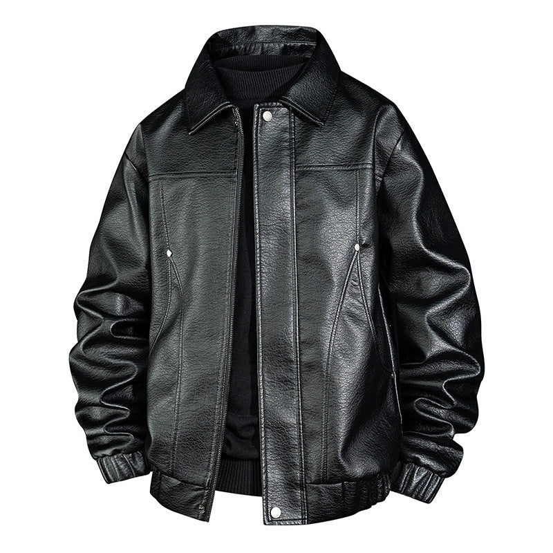 Men's faux leather bomber jacket with shirt collar, elastic waistband, and concealed zipper Chichicherry