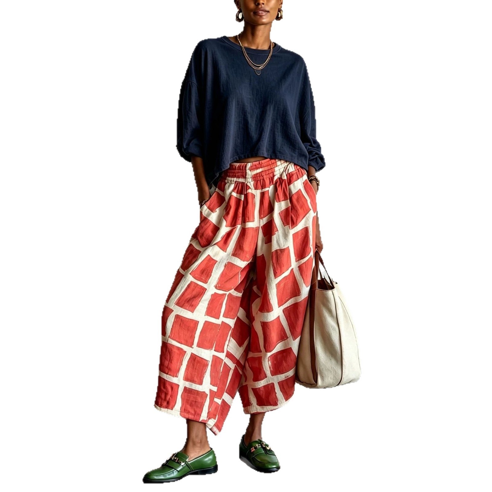 Women's Wide Culotte Pants made of Linen Blend with Elastic Waistband and Graphic Print Chichicherry