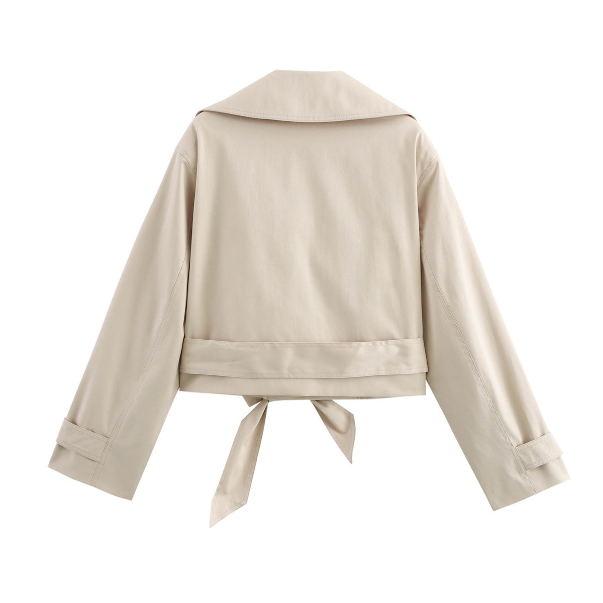 Women Short Cropped Trench Coat with Wide Shawl Collar, Waist Belt to Tie and Decorative Cuffs Chichicherry