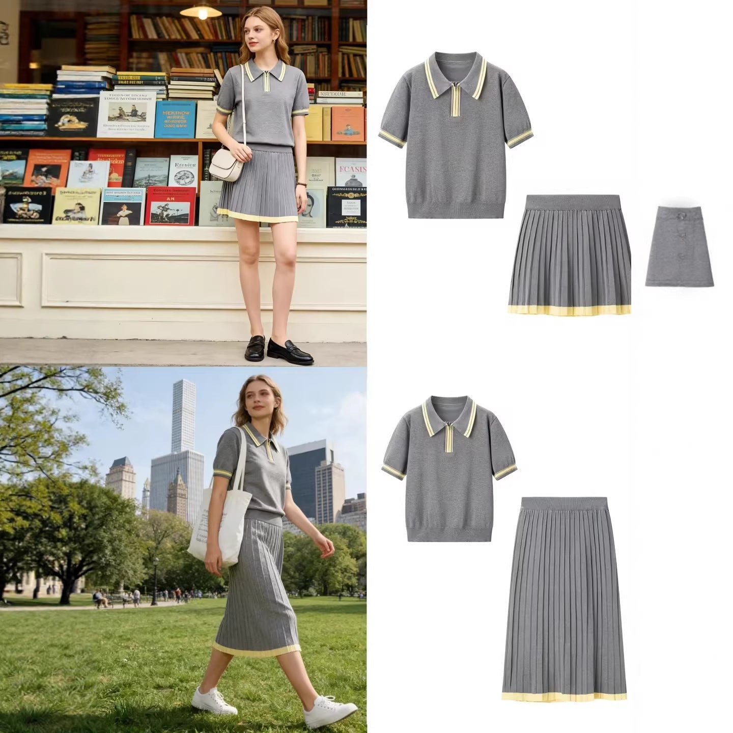 Women's two-piece knitted set with polo shirt and pleated midi skirt Chichicherry