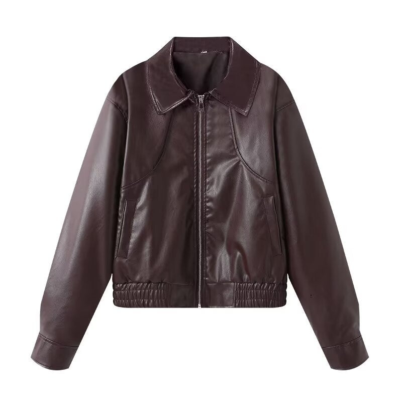 Women Cropped Faux Leather Bomber Jacket with Oversized Shirt Collar and Elastic Hem Chichicherry