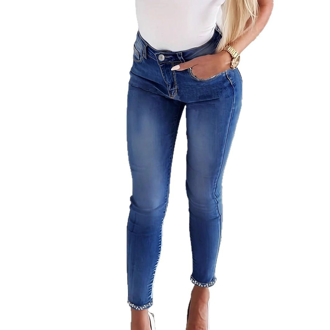 Women's skinny jeans with pearl embellishments and decorative bows Chichicherry