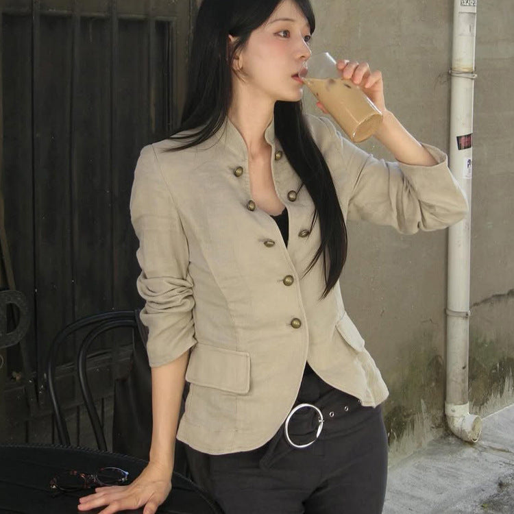 Women Tailored Linen Blazer with Stand-up Collar and Decorative Button Placket Chichicherry