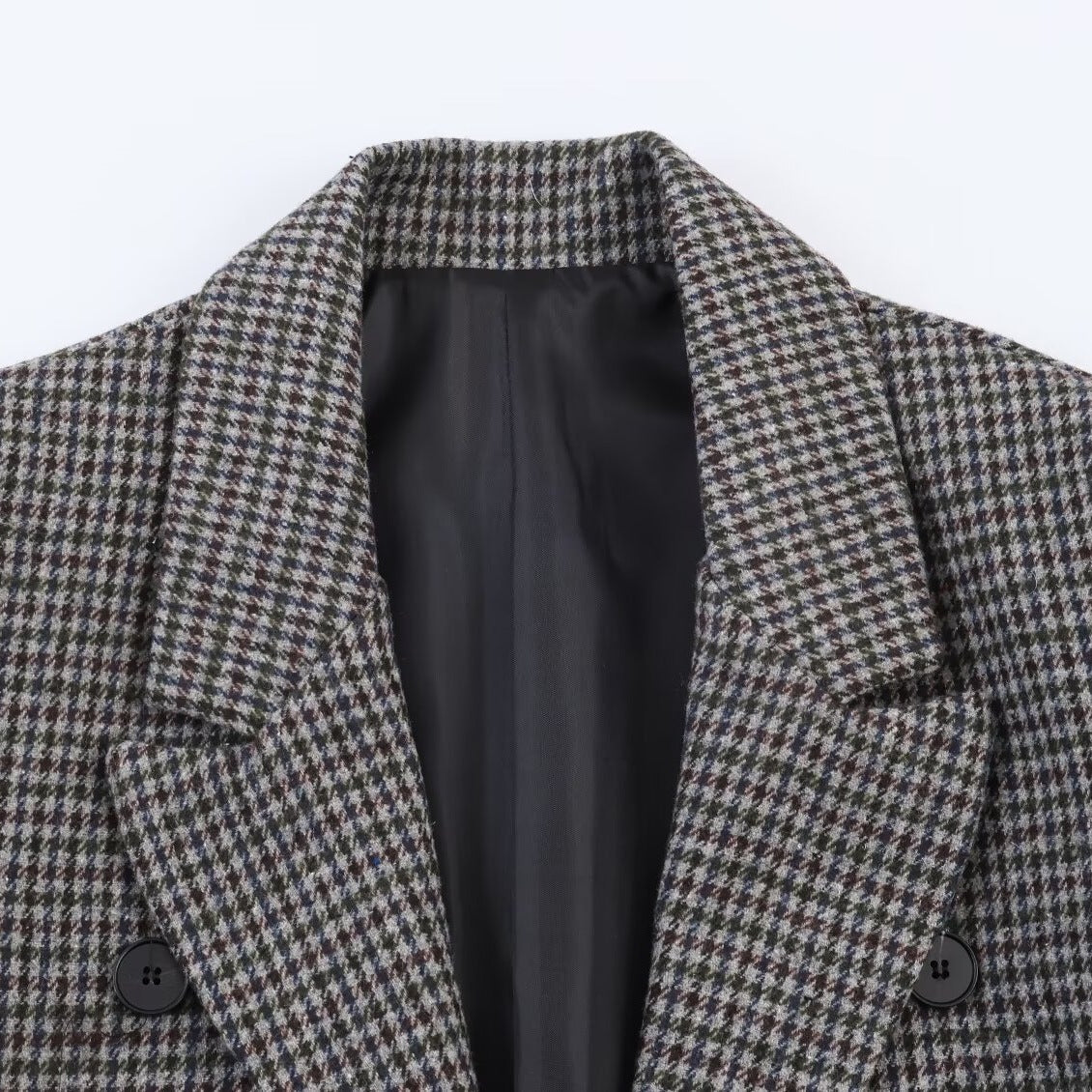 Women Double-breasted Houndstooth Blazer with Cutaway Hem and Vent Chichicherry