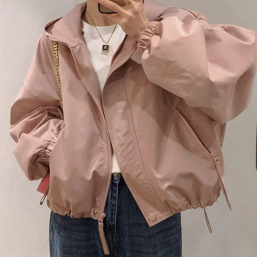 Women's oversized bomber-style hooded jacket with drawstring, elastic cuffs, and side zip pockets Chichicherry
