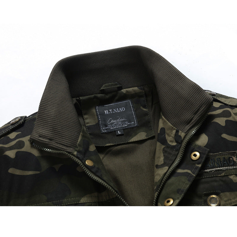 Men's Military Inspired Camouflage Print Transition Jacket with Zipper, Flap Pockets and Elastic Cuffs Chichicherry