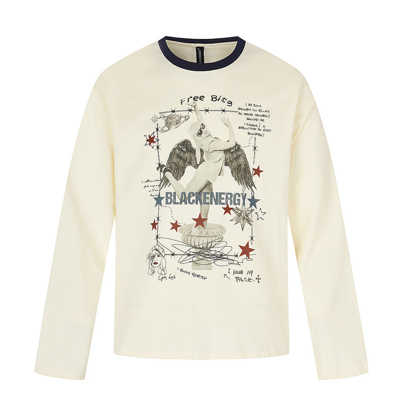 Women's long-sleeve shirt with vintage illustration, contrast collar and relaxed fit Chichicherry