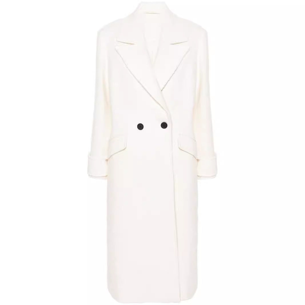 Women's Straight Cut Midi Wool Coat with Oversized Lapels and Concealed Button Placket Chichicherry