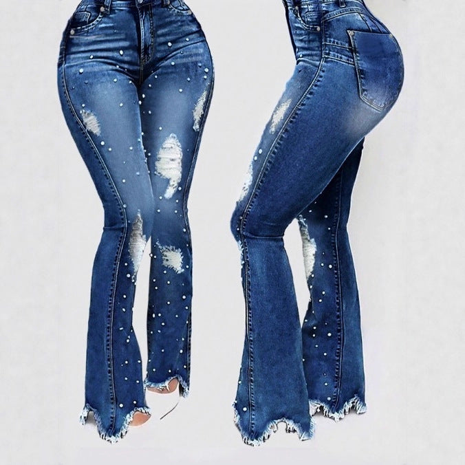 Ladies pearl-embellished high-waist flared jeans with destroyed details and raw hem Chichicherry