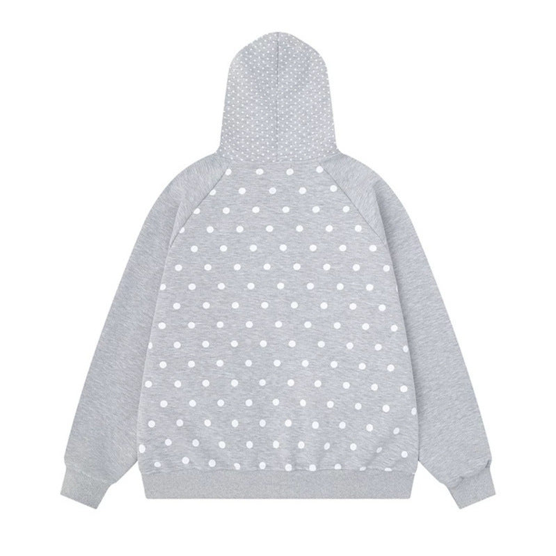Women Polka Dot Zip Hooded Jacket with Bow Pockets and Raglan Sleeves Chichicherry