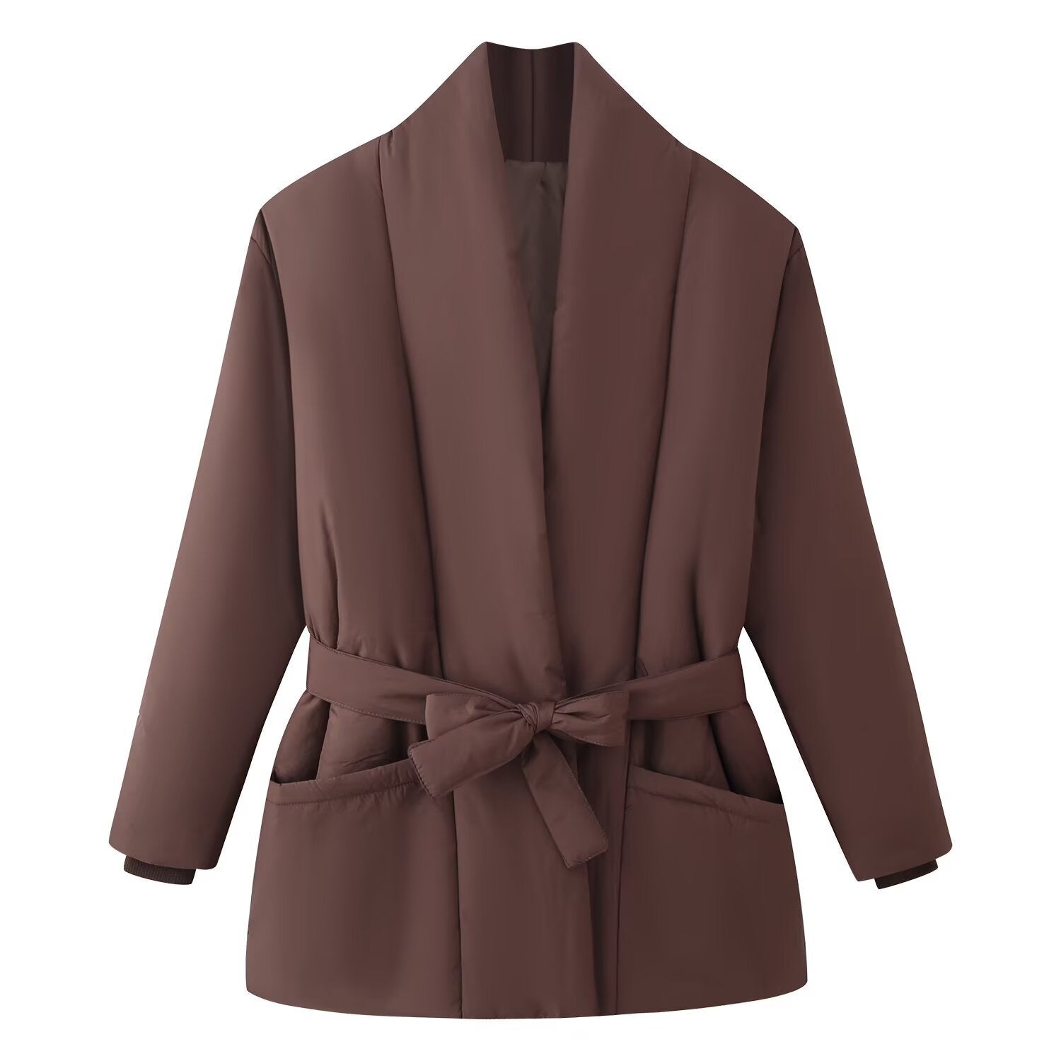 Women's Short Quilted Padded Jacket with Shawl Collar and Waist Belt Chichicherry