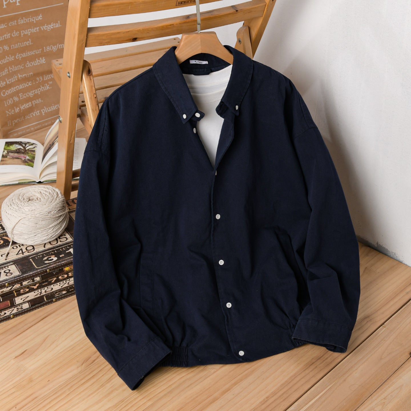 Men's Lightweight Cotton Utility Jacket with Button Placket and Elastic Hem Chichicherry