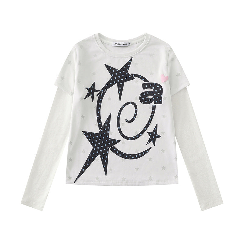 Women Two-Layer Long Sleeve Shirt with Stars Ornament and Heart Detail Chichicherry