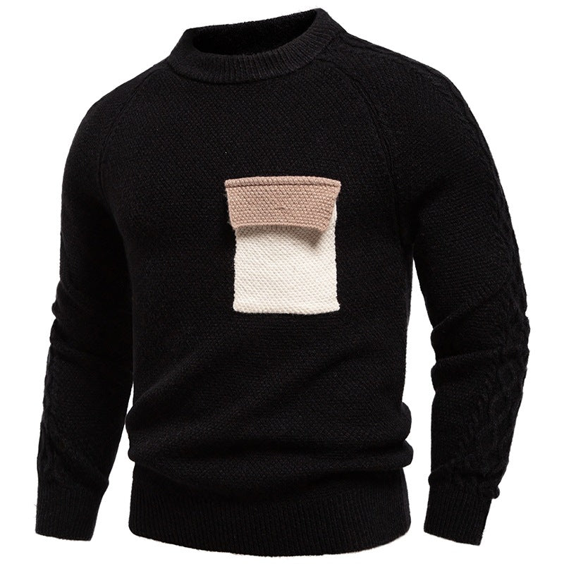 Men's pullover made of textured knit with round neck, attached chest pocket and cable pattern sleeves Chichicherry
