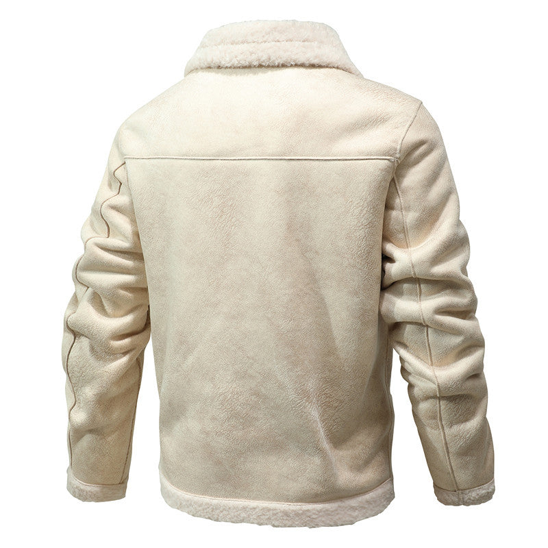 Men's sheepskin-inspired teddy fleece jacket with button placket and zippered pockets Chichicherry