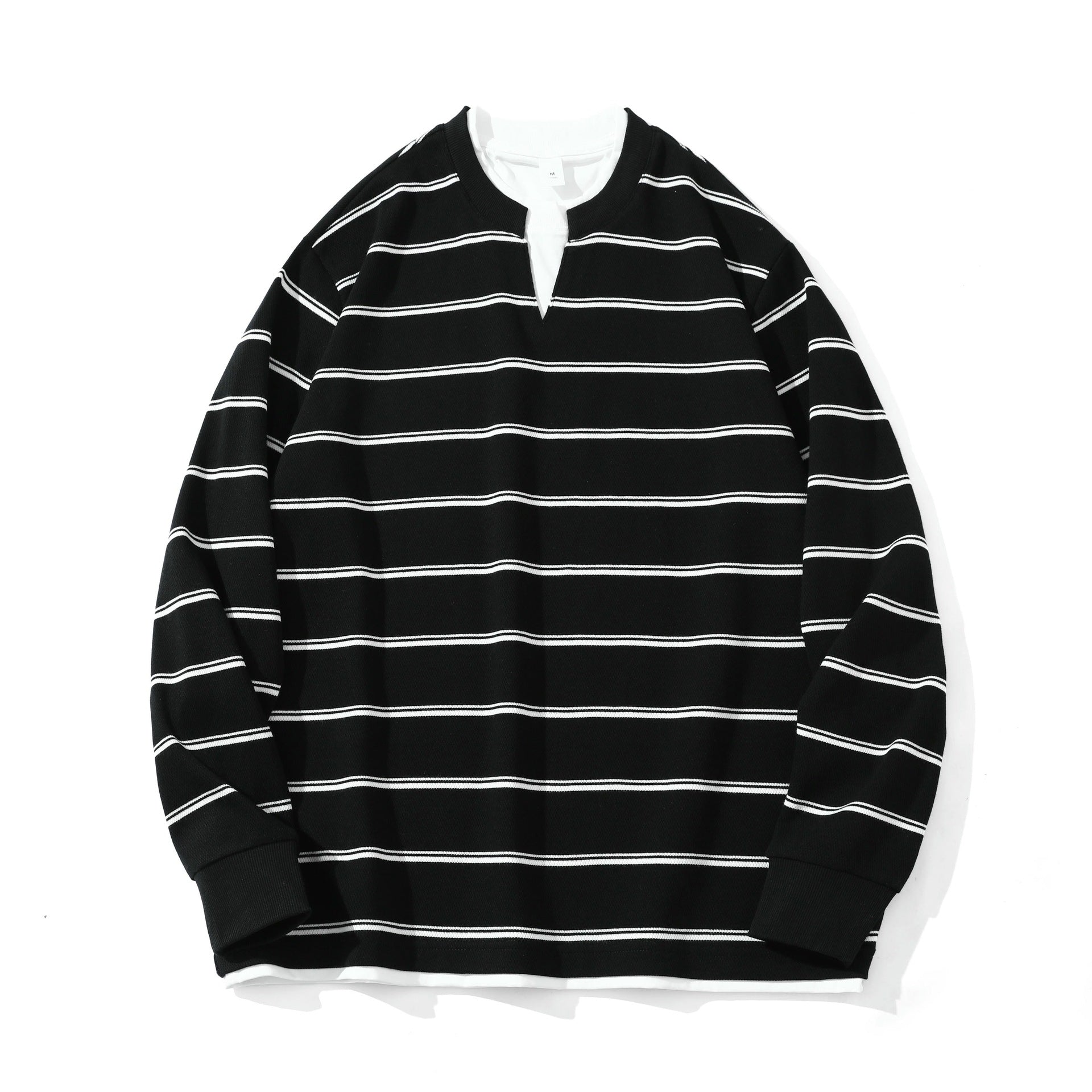 Unisex Striped Long Sleeve Sweatshirt with V-Notch and Waffle Texture Chichicherry