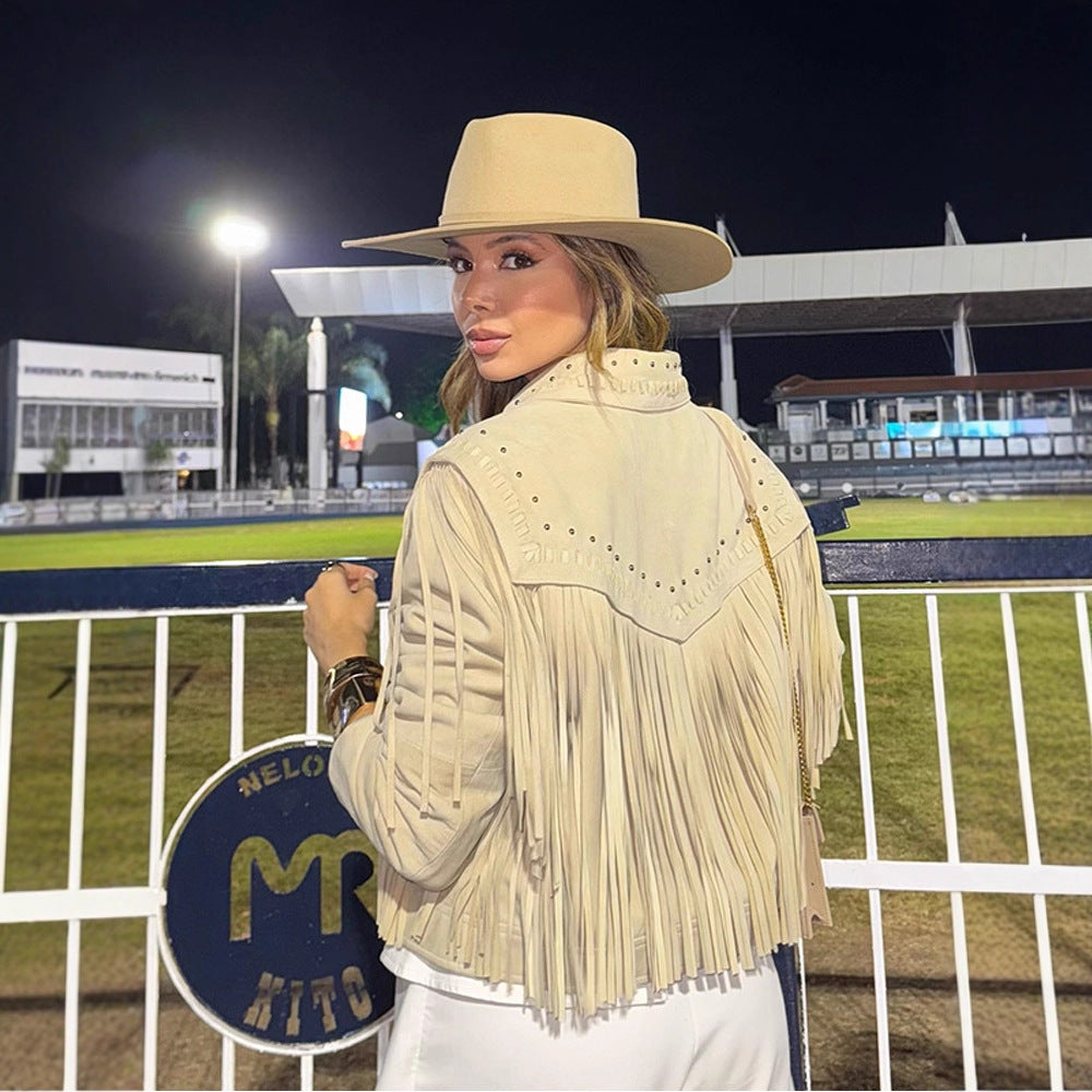 Women's Cropped Suede-Style Fringe Jacket with Stud Application Chichicherry