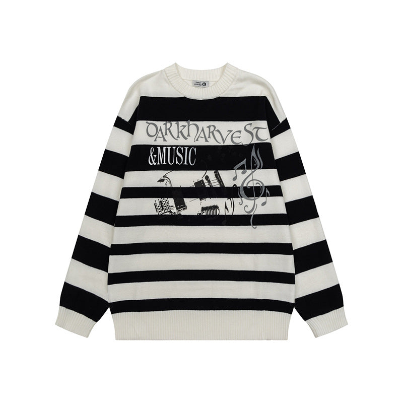 Women Striped Oversized Knit Sweater with Round Neck and Music Graphic Chichicherry