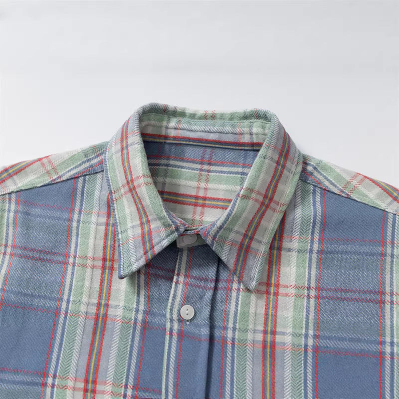Unisex Oversized Shirt Jacket in Vintage Check with Flap Pockets and Sleeve Patch Chichicherry