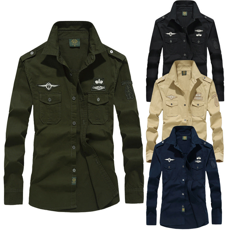 Men's utility shirt jacket with shoulder flaps, chest flap pockets, and badge applications Chichicherry