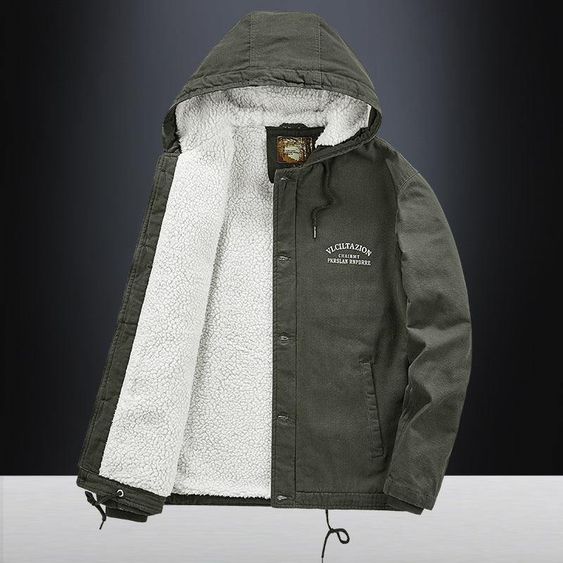 Men's canvas hooded jacket with full teddy lining, two-way zipper and drawstring hem Chichicherry