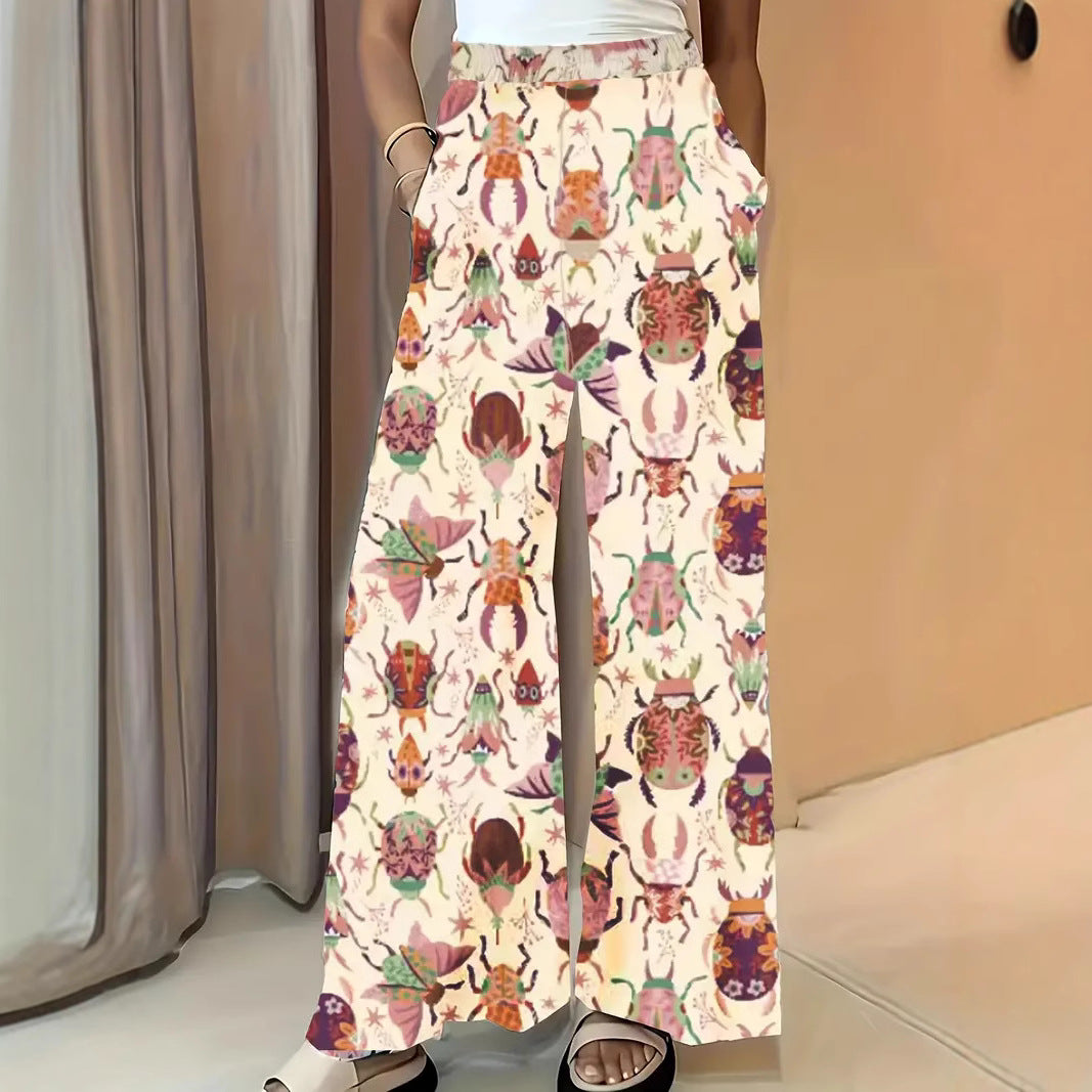 Women's Wide Palazzo Pants with Elastic Waistband and Eye-catching Beetle Print Chichicherry