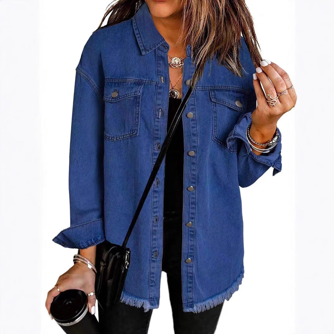 Women's Oversized Denim Shirt Jacket with Fringe Hem Chichicherry