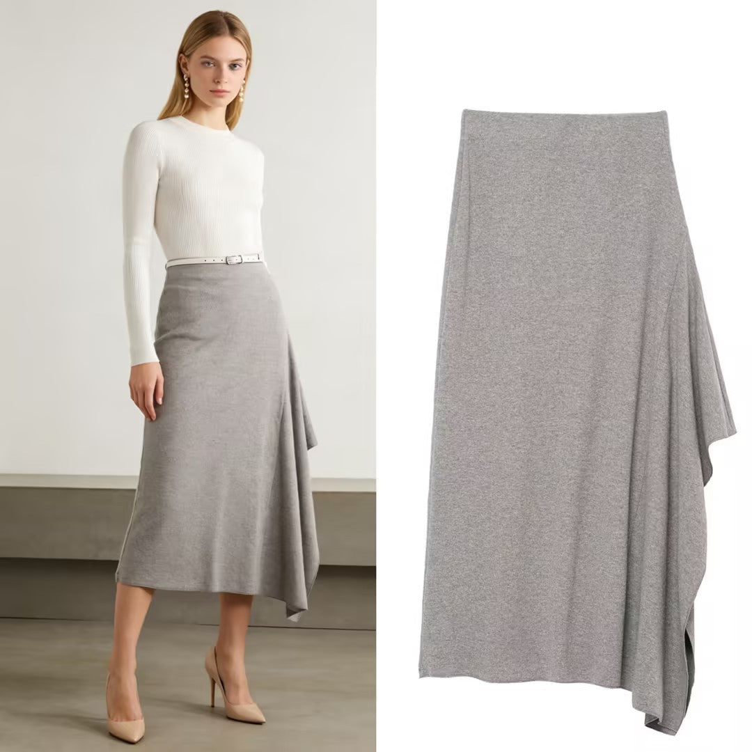 Women's Asymmetrical Midi Skirt made of Fine Knit with Draped Side Slit Chichicherry