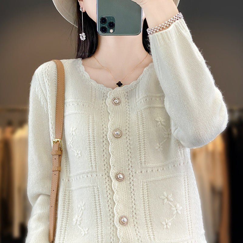 Ladies Embellished Knit Cardigan with Pearl Buttons and Openwork Embroidery Chichicherry